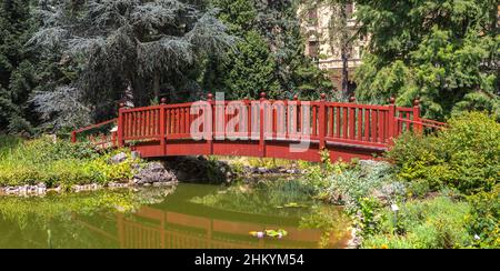 Zagreb, Croatia - August 2021. Idyllic Japanese bridge over the lake in the summer botanical garden Stock Photo