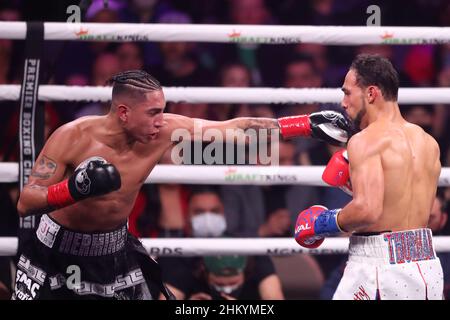 Las Vegas, USA. 04th Feb, 2022. LAS VEGAS, NV - FEBRUARY 4: (L-R) Boxers  Keith Thurman and Mario Barrios face off during the official weigh-in for  their bout at the Mandalay Bay