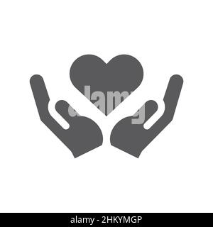 Hands and heart black vector icon. Charity help filled symbol. Stock Vector