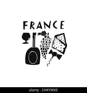 Vector hand drawn symbol of France. Travel illustration of French signs. Hand drawn lettering illustration. French landmark logo Stock Vector