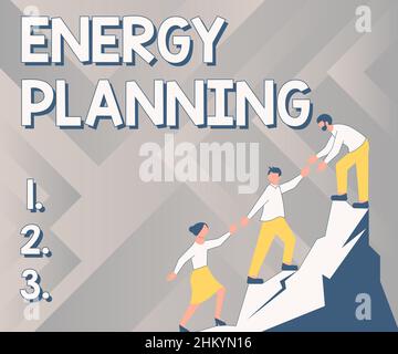 Conceptual caption Energy Planning. Business approach making of a strategy and plan for the consumption of energy Colleagues Climbing Upwards Mountain Stock Photo
