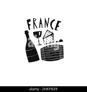 Vector hand drawn symbol of France. Travel illustration of French signs. Hand drawn lettering illustration. French landmark logo Stock Vector