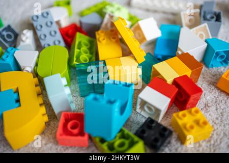 Closeup of colorful toy building blocks for children Stock Photo