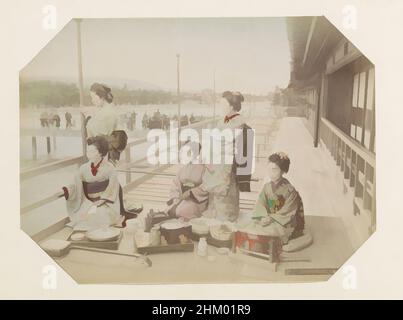 Art inspired by Group portrait of five Japanese women at a meal in Kyoto, Coolness, Yojio, Kyoto, Part of Photo album of recordings of sights in Japan and studio portraits., Kyoto, c. 1870 - c. 1900, photographic support, paint (coating), albumen print, height 199 mm × width 266 mm, Classic works modernized by Artotop with a splash of modernity. Shapes, color and value, eye-catching visual impact on art. Emotions through freedom of artworks in a contemporary way. A timeless message pursuing a wildly creative new direction. Artists turning to the digital medium and creating the Artotop NFT Stock Photo