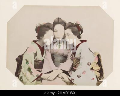 Art inspired by Group portrait of three Japanese girls, Singing Girls, Part of Photo album of recordings of sights in Japan and studio portraits., Japan, c. 1870 - c. 1900, photographic support, paint (coating), albumen print, height 199 mm × width 265 mm, Classic works modernized by Artotop with a splash of modernity. Shapes, color and value, eye-catching visual impact on art. Emotions through freedom of artworks in a contemporary way. A timeless message pursuing a wildly creative new direction. Artists turning to the digital medium and creating the Artotop NFT Stock Photo