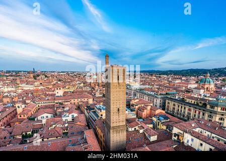 Aerial view of Bologna Cathedral and towers above of the roofs of Old Town in medieval city Bologna Stock Photo