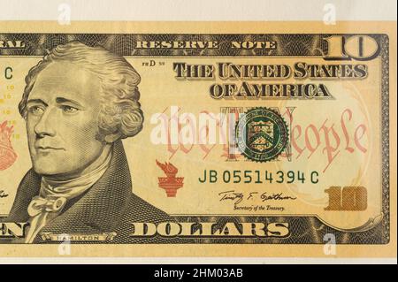 Mumbai India Asia April 22 2021 Face of HAMILTON Printed on Ten Dollars Banknote International Currency Stock Photo