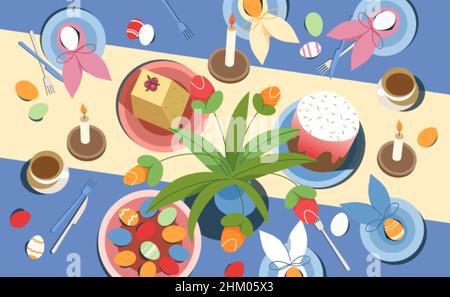Easter table top view with traditional holiday cake and sweet curd dessert on blue tablecloth. Rabbit ears with colorful painted eggs in plates in flat lay style. Springtime celebration concept. Stock Vector
