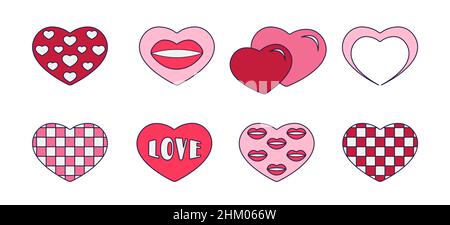 Retro Valentine Day set of icons of heart. Love symbols in the fashionable pop line art style. The shape of different hearts in soft pink, red and cor Stock Vector