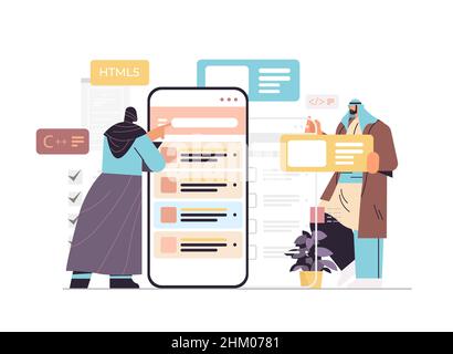 web developers couple creating program code on smartphone screen development of software programming Stock Vector