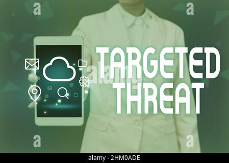 Sign displaying Targeted Threat. Word Written on class of malware destined for one specific organization Lady Pressing Screen Of Mobile Phone Showing Stock Photo