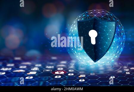 Vector blue shield Business concept of data protection Blue shield  blue background Stock Photo