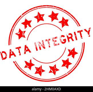 Grunge red data integrity word with star icon round rubber seal stamp on white background Stock Vector