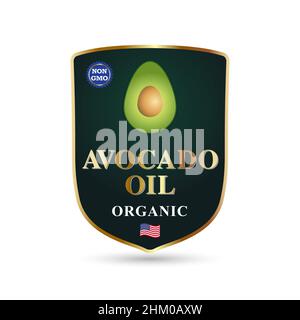 Emblem for avocado oil. Ripe avocado with pit. Label or emblem concept for non-gmo avocado oil producers Stock Vector