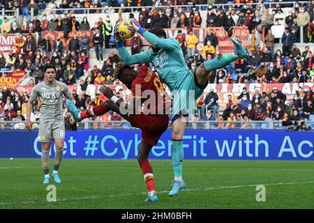 Salvatore Sirigu of Genoa CFC and Tammy Abraham of A.S. Roma during the  24th day of the Serie A Championship between A.S. Roma vs Genoa CFC on 5th  February 2022 at the