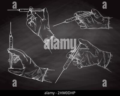 Doctor or scientist hands in latex gloves. Hands in sterile gloves holding syringe. Vector illustration in sketch style. Stock Vector