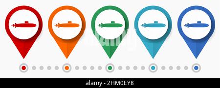Submarine, army concept vector icon set, flat design pointers, infographic template Stock Vector