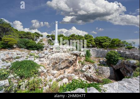 Santa Maria di Leuca, Puglia, Italy. August2021. The artificial waterfall fed with sea water is activated on the occasion of holidays. Stock Photo