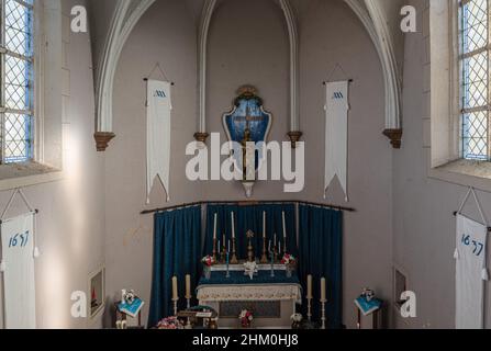 Meise, Flemish Brabant Region, Belgium - 02 05 2022: Interior design of the catholic chapel dedicated to the Nativity of Mary Stock Photo