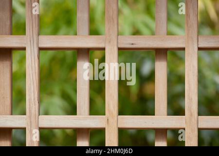 A close-up of a wooden gate with a dark green background Stock Photo