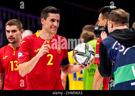 AMSTERDAM, NETHERLANDS - FEBRUARY 6: Ortiz of Spain celebrating victory during the Men's Futsal Euro 2022 Third-Place Play-Off match between Spain and the Ukraine at the Ziggo Dome on February 6, 2022 in Amsterdam, Netherlands (Photo by Jeroen Meuwsen/Orange Pictures) Stock Photo