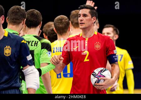 AMSTERDAM, NETHERLANDS - FEBRUARY 6: Ortiz of Spain celebrating victory during the Men's Futsal Euro 2022 Third-Place Play-Off match between Spain and the Ukraine at the Ziggo Dome on February 6, 2022 in Amsterdam, Netherlands (Photo by Jeroen Meuwsen/Orange Pictures) Stock Photo