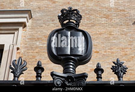 Madrid, Spain - March 6th, 2021: Wrought-iron fence top detail of National Library of Spain, Madrid. Selective focus Stock Photo