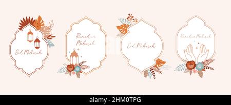 Ramadan Kareem islamic design, vintage frames with flowers, leaves, lanterns and mosque dome silhouette. Modern boho illustrations Stock Vector