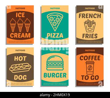 Vector colored fast food posters. Vintage style. Contains icons such as pizza, hot dog, fries, hamburger, ice cream, coffee. Retro food background. Stock Vector