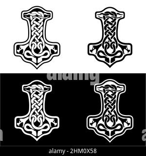 Hammer of Thor Mjolnir Celtic knot, Scandinavian Viking style ornament. Hand drawing set. Isolated vector illustration. Stock Vector