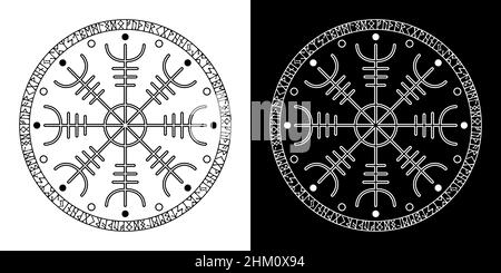 Helm of awe helm of terror. Aegishjalmur Icelandic magical staves with scandinavian runes. Isolated on white, vector illustration Stock Vector