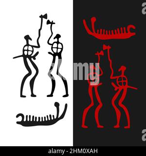 Petroglyphs of two ancient warriors with axes and a drakkar, vector illustration. Ancient drawings on the stones of Scandinavia. Viking rock paintings Stock Vector