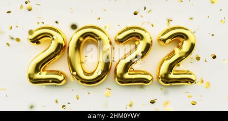 Happy New 2022 Year. 2022 golden numbers and falling glitters confetti on white  background. Gold numbers. Festive poster or banner concept image Stock Photo