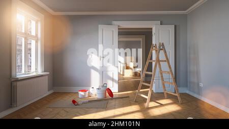 Renovation and modernization in a room with ladder and paint bucket Stock Photo
