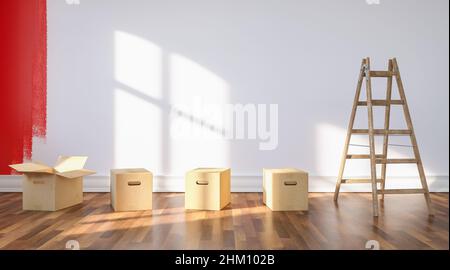 Moving boxes and ladder in empty room in front of a red painted wall Stock Photo