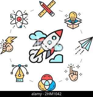 Creative icons set in a circle. Innovation, startup, artwork, project, idea promotion icon illustration isolated on white background. Stock Vector