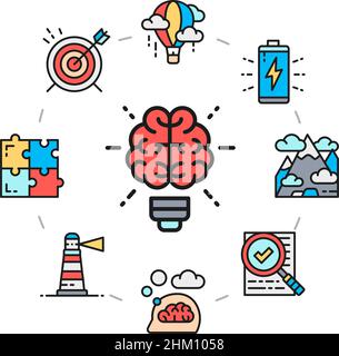 Creative icons set. Innovation, startup, artwork, project, idea promotion icon illustration in a circle isolated on white background. Stock Vector