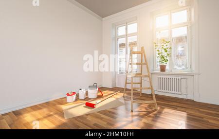 Room in renovation in a old building for relocation with paint bucket Stock Photo