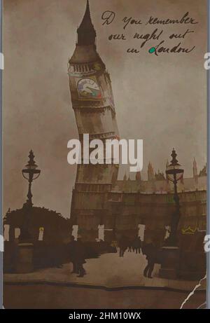 Art inspired by View of Big Ben in London, Grotesque, maker: Rotary Photo, London, 2-Apr-1918, photographic support, gelatin silver print, writing (processes), height 136 mm × width 85 mm, Classic works modernized by Artotop with a splash of modernity. Shapes, color and value, eye-catching visual impact on art. Emotions through freedom of artworks in a contemporary way. A timeless message pursuing a wildly creative new direction. Artists turning to the digital medium and creating the Artotop NFT Stock Photo