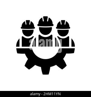 Industrial workers with gear icon in flat style. - Teamwork business icon. Construction workers Building contractor symbol Isolated on white backgroun Stock Vector
