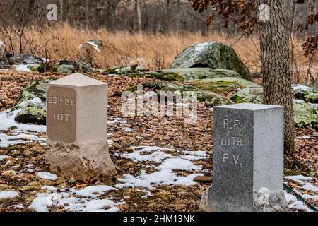 Flank Markers in the Snow,Gettysburg National Military Park, Pennsylvania, USA Stock Photo