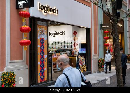 Hong Kong, China. 06th Feb, 2022. Pedestrians walk past the Swiss electronics company Logitech store in Hong Kong. (Photo by Budrul Chukrut/SOPA Images/Sipa USA) Credit: Sipa USA/Alamy Live News Stock Photo