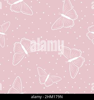 Seamless butterfly pattern in the style of doodles on a pink background. Vector illustration of butterflies for your design.
