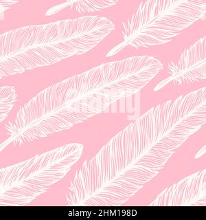 Feather seamless pattern. Hand drawn background with white doodle feathers on pink. Decorative design. Vector Stock Vector