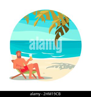 Young handsome man lies in a hammock between palm trees Stock Vector