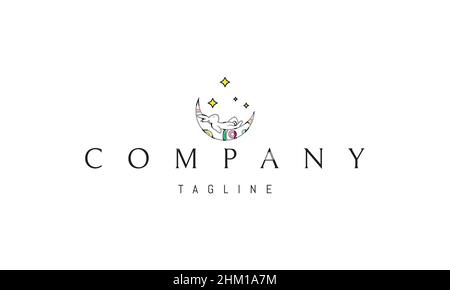 Vector logo on which an abstract image of a rabbit sleeping on the moon against the background of stars. Stock Vector