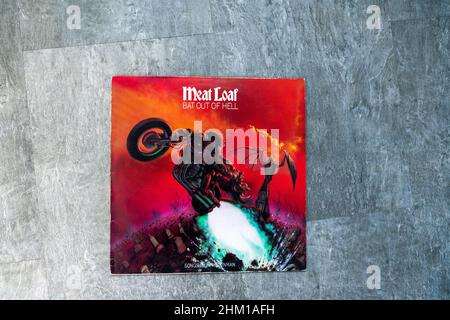 Hull, UK - 6 Feb 2022: Meatloaf Vinyl album cover. Meat loaf is a world famous American singer and actor known for hits such as Bat Out Of Hell. Vinyl Stock Photo