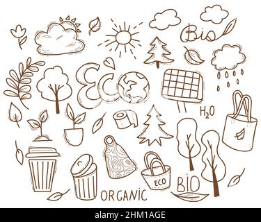 Hand drawn Ecology doodle vector set. Collection of environmental and green energy items and icons. Isolated Linear doodle, for graphic and web design Stock Vector