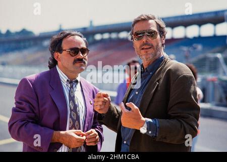 The journalists Wolf Günther (dpa) and Helmut G. Müller (Süddeutscher Rundfunk), Formula 1, German Grand Prix at the Hockenheimring on July 29, 1990. Stock Photo