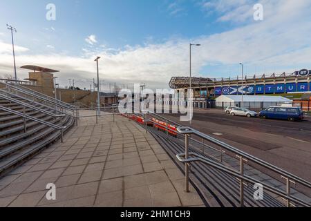 Murrayfield Stadium and steps to the Tram stop in Murrayfield, Edinburgh, Scotland, UK Stock Photo